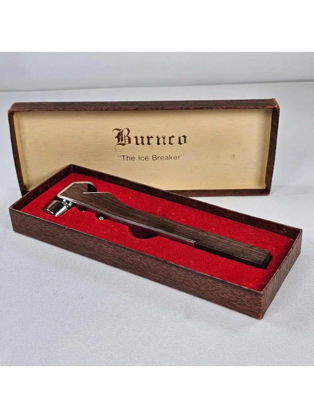 Vintage Burnco The Ice Breaker Bar Tool Wood Chrome Hammer Bottle Opener Boxed